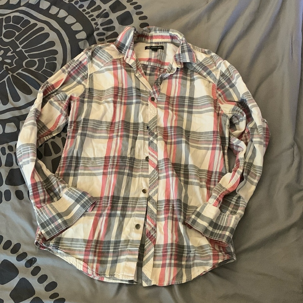 Men's Plaid Shirt - Red, Gray, and White